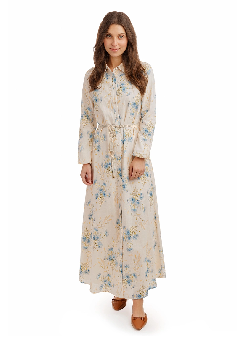 Women's Printed Shirt Midi Dress with braided Belt 1