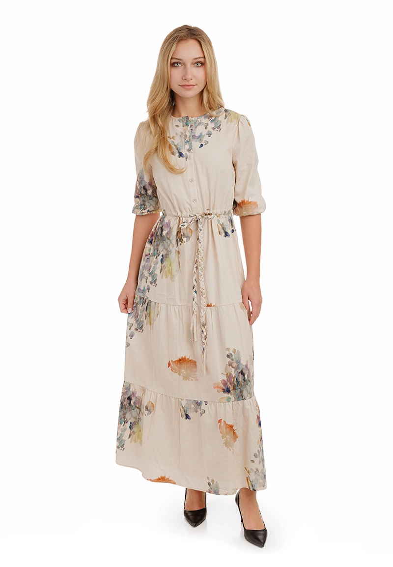 Women's Watercolor Printed Dress with Braided Belt 1