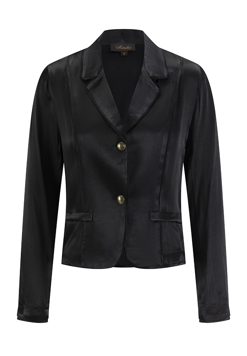 Satin Black Blazer with Gold Button luxurious satin-like fabric 1