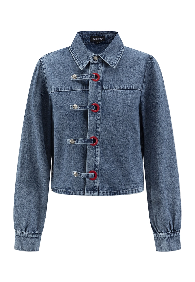 여성용 레트로 콘트라스트 버튼 숏 데님 재킷 1
