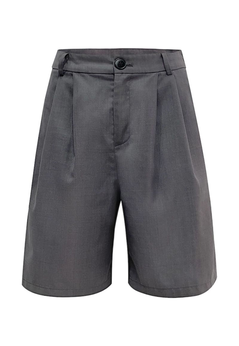 Women Grey Casual Pleated Shorts with a buttoned waistband 1