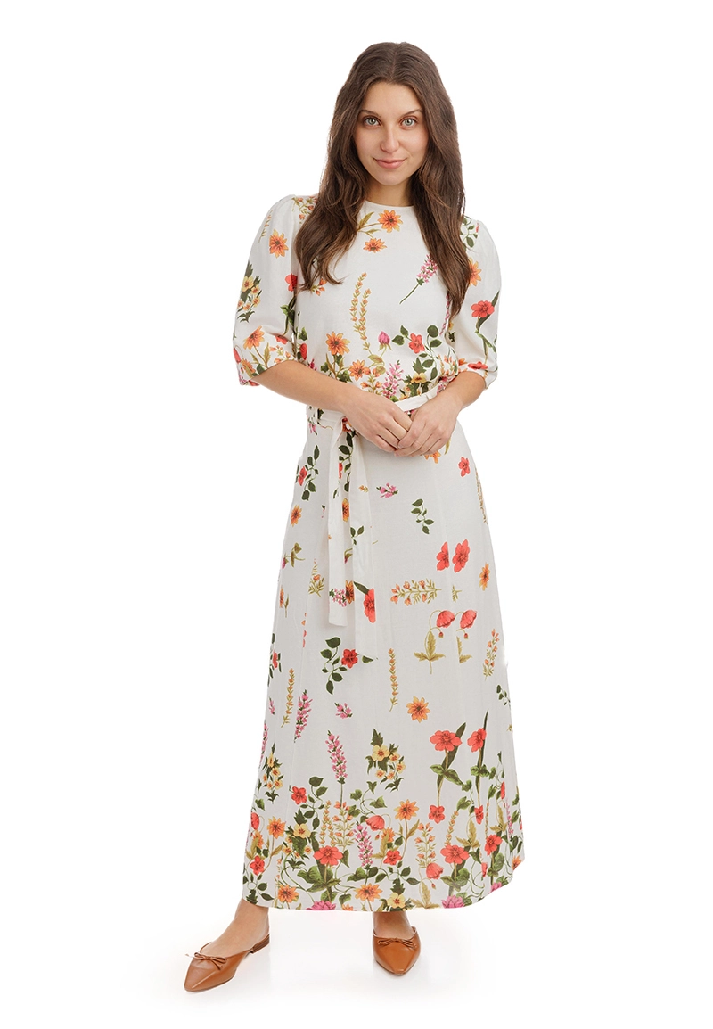 Women White Base Floral Print Maxi Skirt With Belt 1