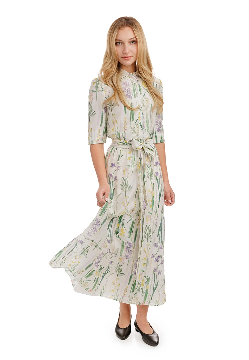 Women White Floral Print Elastic Waist Maxi Tiered Skirt 1