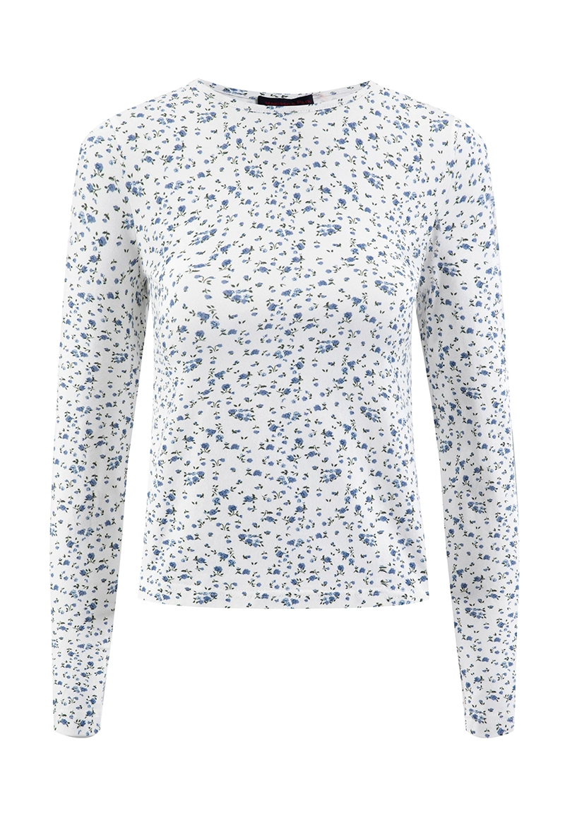 Fresh blue and white floral print long-sleeved top 1