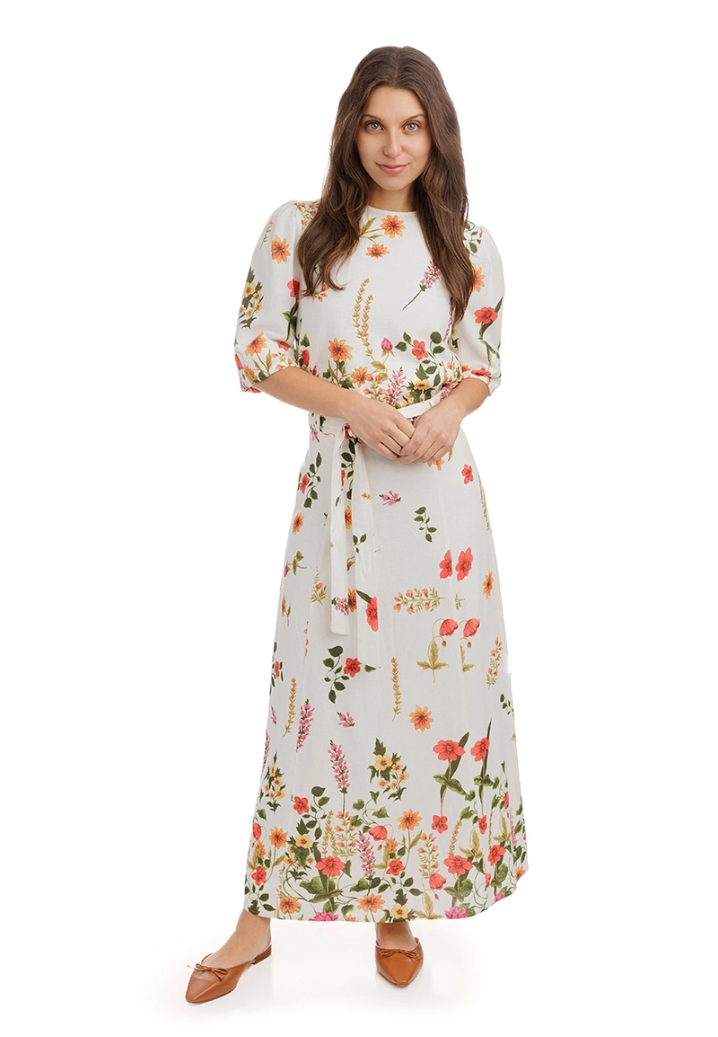 Vintage floral print puff sleeves round-neck top 1