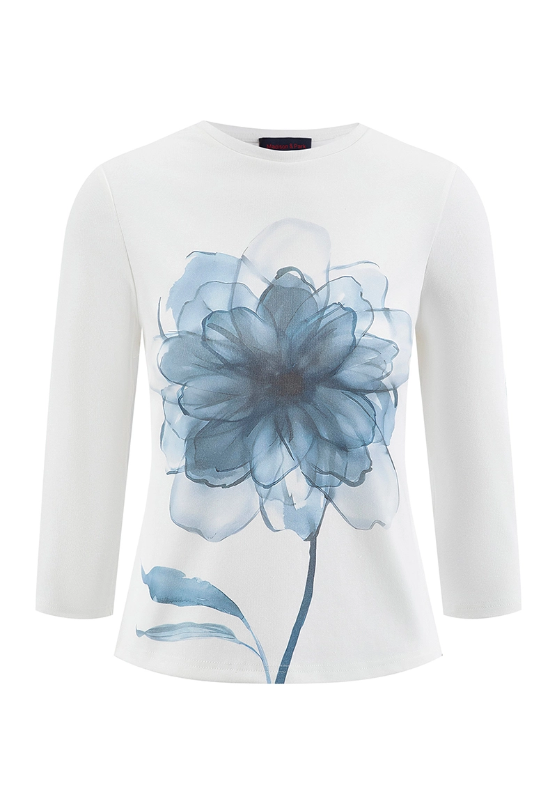 Round-neck top with Watercolor blue floral print 1