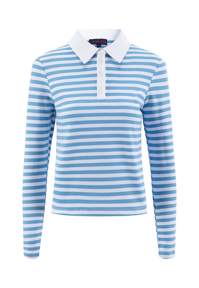 Blue and white striped button-down long-sleeved shirt 1