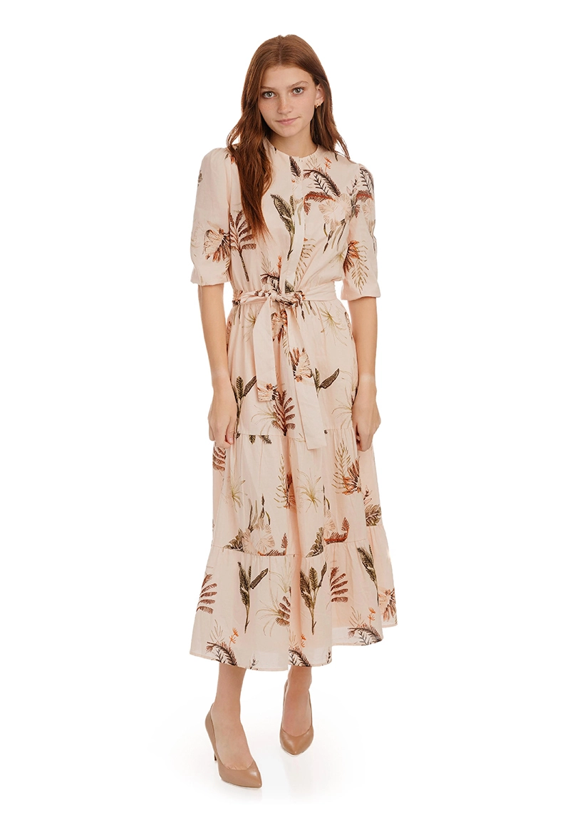 Women Midi Dress Tropical Leaf Print Tiered With Belt 1