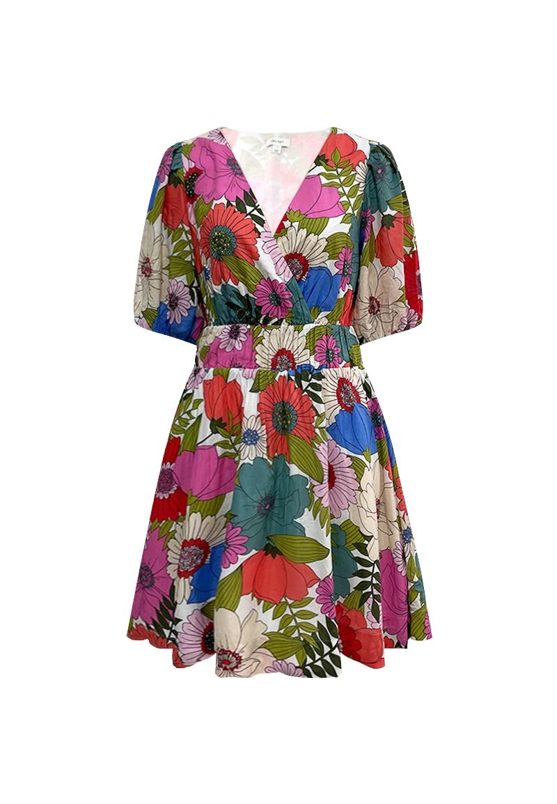 Женское мини-платье с цветочным принтом и V-образным вырезом, рукавами-буфами 1