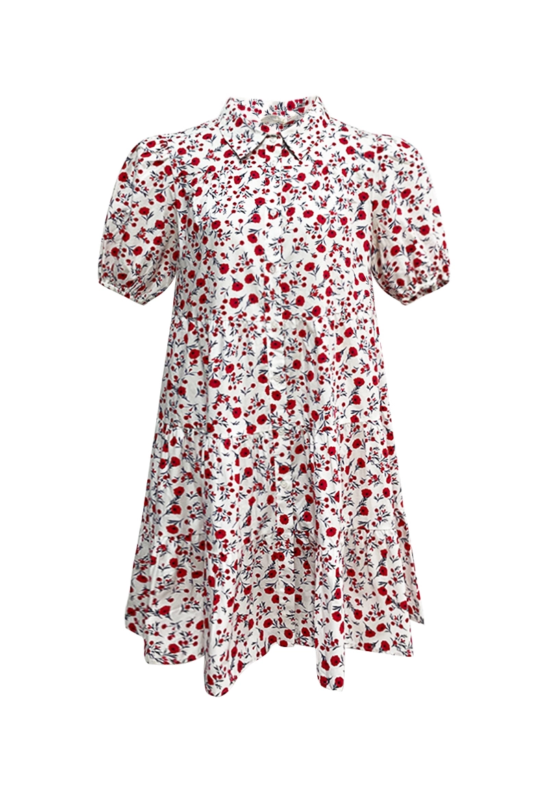 Rotes, kurzärmliges Kleid mit Blumenmuster 1