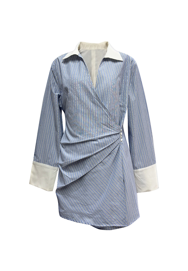 Women Striped Shirt Dress Wrap Design with Contrast Collar and Cuffs - Vepeen Apparel 1