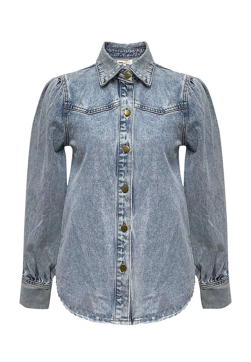 Vepeen Apparel 퍼프 슬리브가 있는 데일리 스타일 라이트 블루 데님 셔츠 1