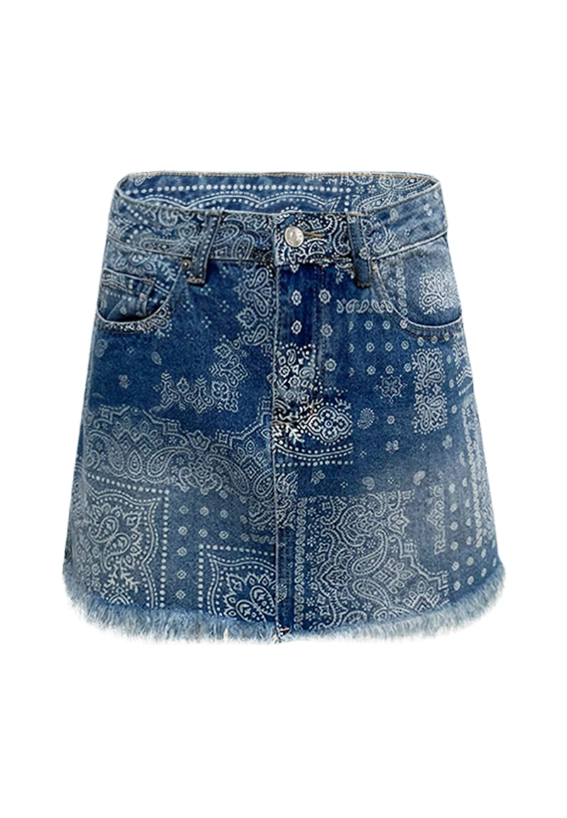 Blue Bandana Print Denim Mini Skirt Vepeen Apparel 1