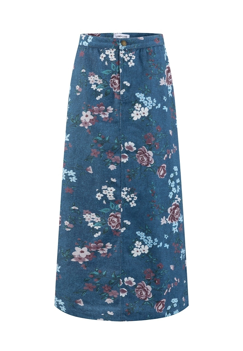 Vintage Blue Floral Print High-Waist Button-Front Denim Midi Straight Skirt Vepeen Apparel 1
