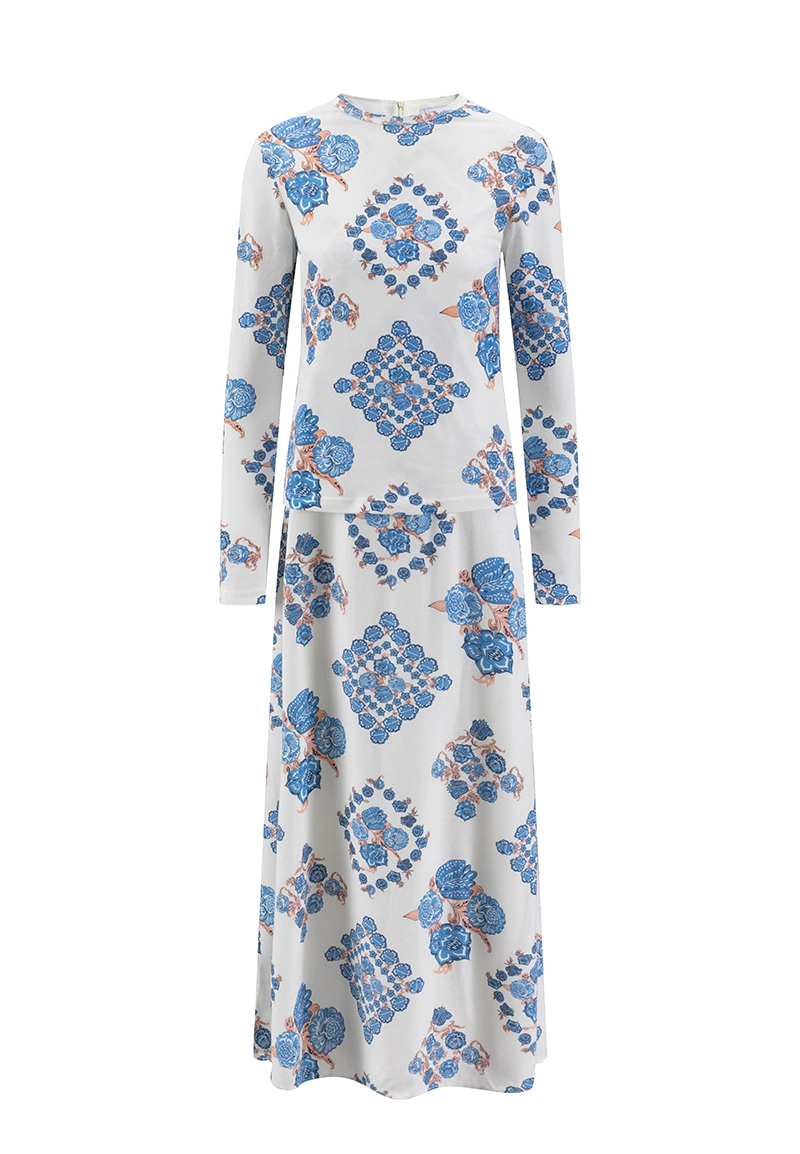 White Base Blue Red Floral Sleeveless V-Neck Self-Tie Waist Midi Dress Vepeen Apparel 1