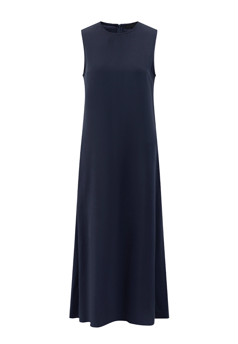 Navy Satin-Like Sleeveless Crew Neck Ankle-Length Maxi Dress Vepeen Apparel 1