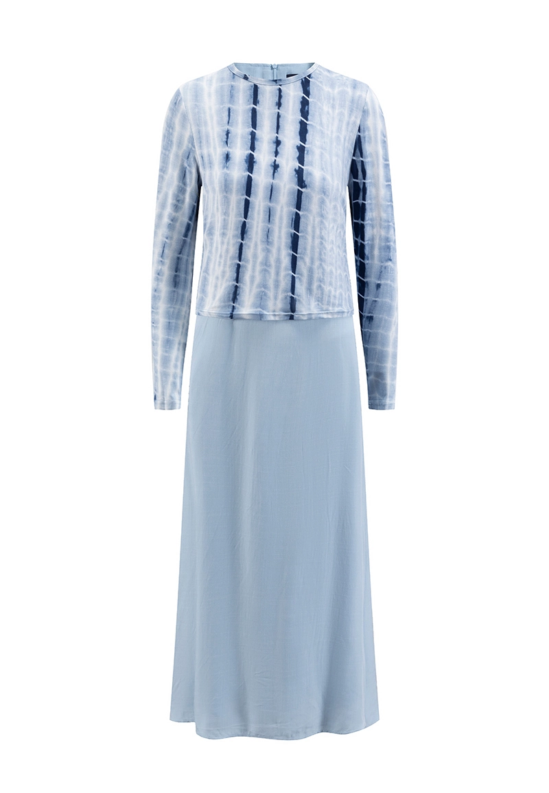 Blue & White Diagonal Tie-Dye Crew Neck Long-Sleeve Ankle-Length Maxi Dress Vepeen Apparel 1