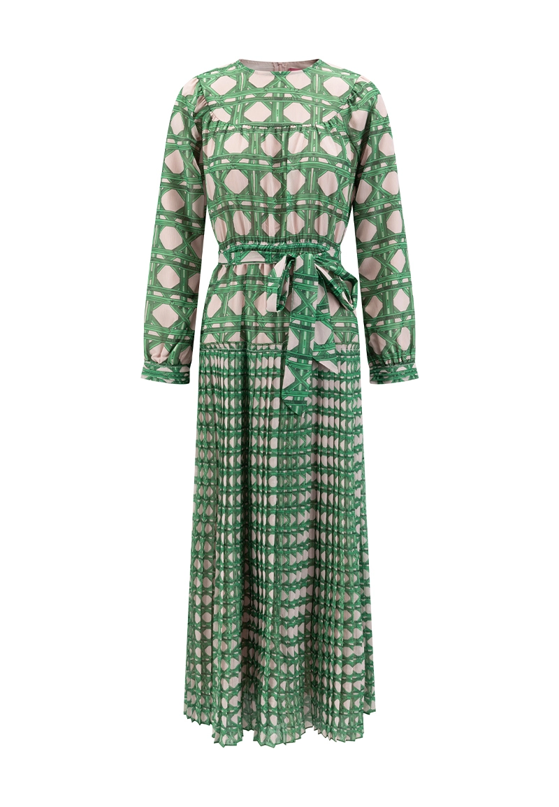 Women’s Maxi Green & Blush Geometric Print Pleated Dress With Belt Vepeen Apparel 1