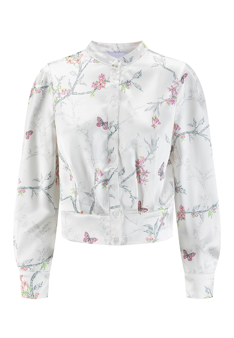 Elegant Women Satin Print Cropped Stand-Collar Button Shirts Vepeen Apparel 1