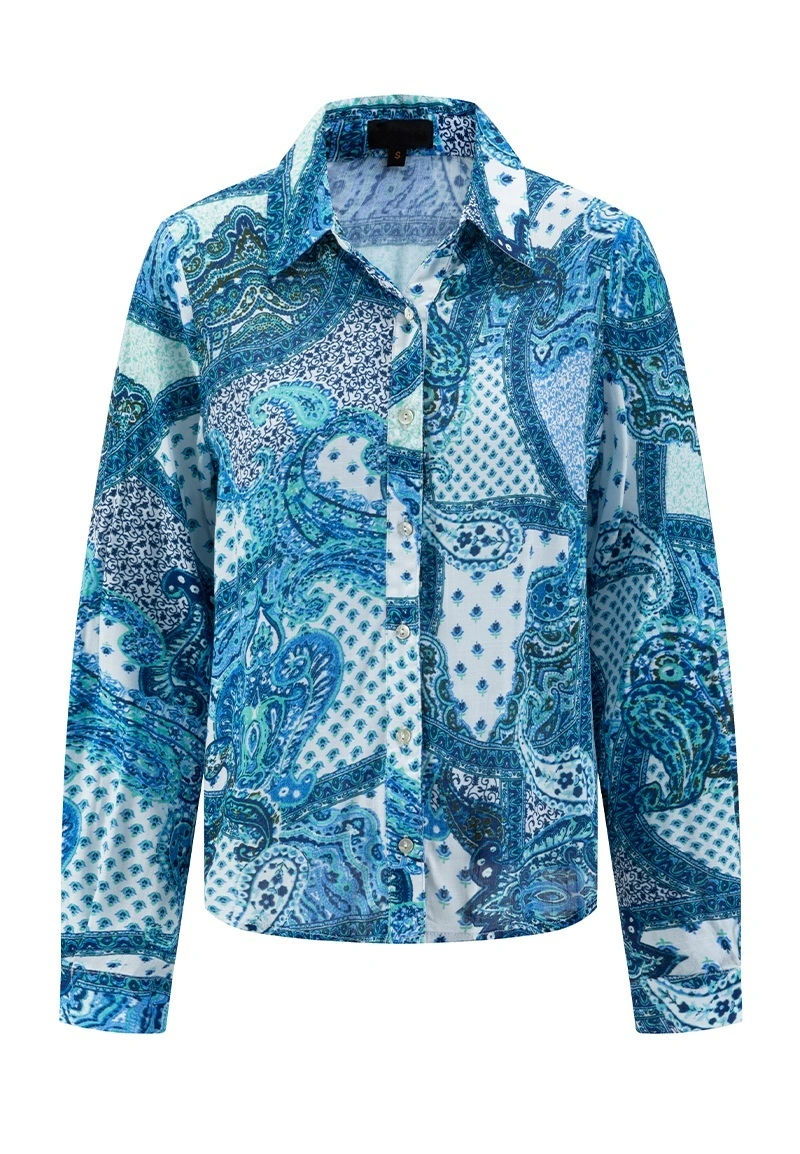 Blue White Paisley Patchwork Collared Long-Sleeve Cropped Shirt Vepeen Apparel 1