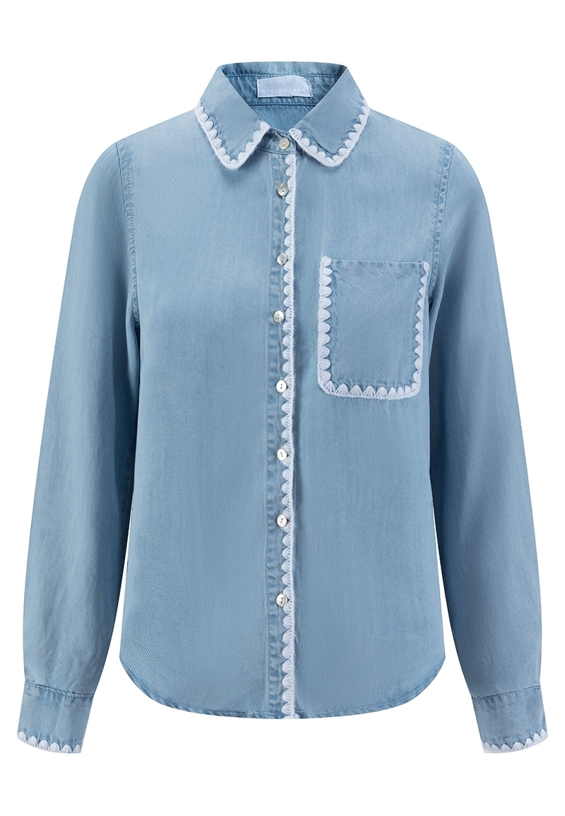 Light Denim Blue Scalloped-Trim Collared Button-Front Long-Sleeve Shirt Vepeen Apparel 1
