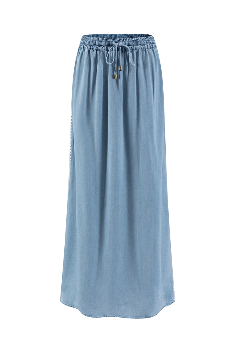 Light Denim Blue Drawstring-Waist Scalloped-Trim Maxi Skirt Vepeen Apparel 1