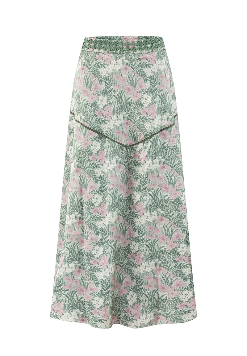 Light Green Pink Floral-Print High-Waist Embellished Midi Skirt Vepeen Apparel 1