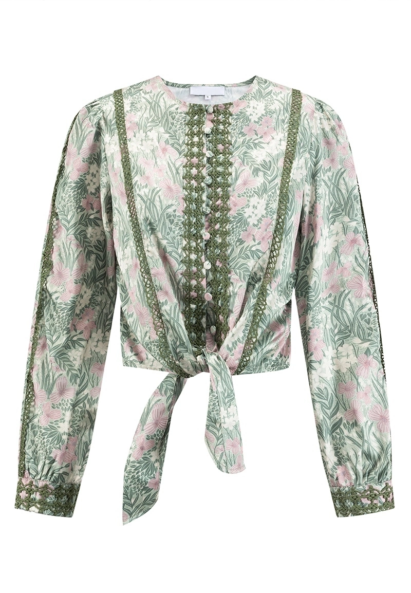 Light Green Pink Floral-Print Lace-Trimmed Tie-Waist Cropped Long-Sleeve Blouse Vepeen Apparel 1
