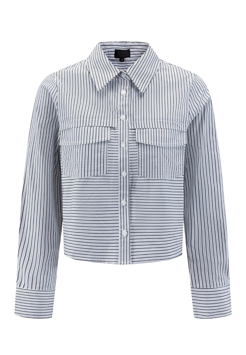Women's Black & White Stripe Cropped Placket Shirts with Flap Pockets Vepeen Apparel 1