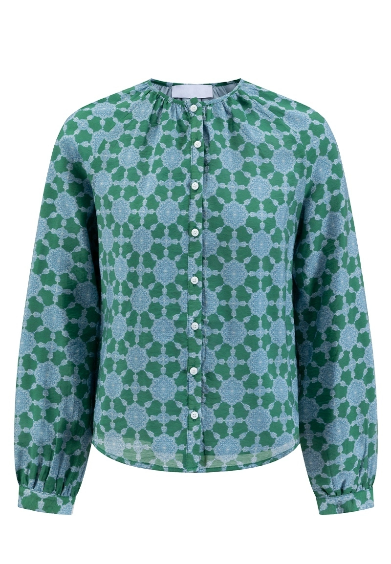 Women Green Geo Floral Print Blouses & Shirts with Gathered Crew Neck Vepeen Apparel 1
