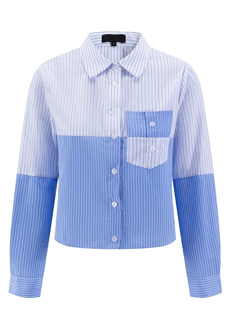 Women Contrast Stripe Colorblock Button-Down Cropped Shirts with Patch Pockets Vepeen Apparel 1