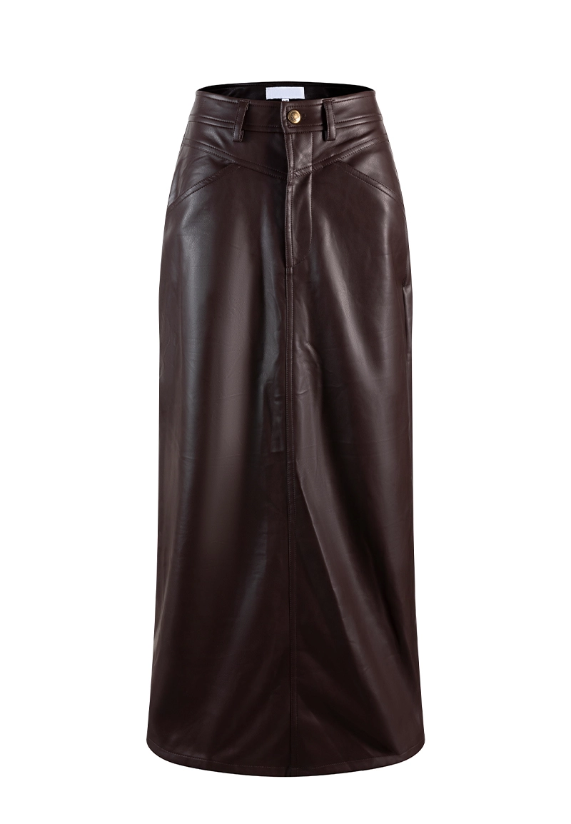 Dark Brown Faux Leather High-Waisted Straight Slit Maxi Skirt Vepeen Apparel 1