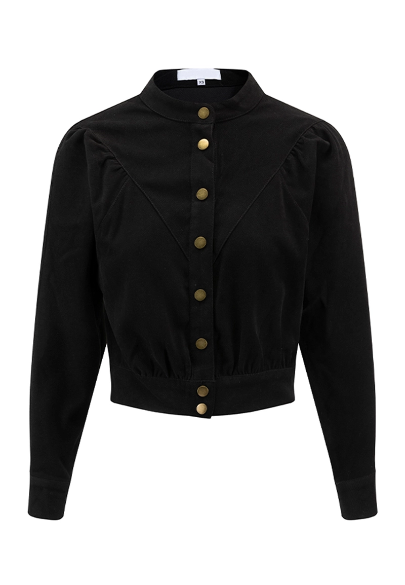 Black Mandarin Collar Gold Button Waist-Cinched Cropped Jacket Vepeen Apparel 1
