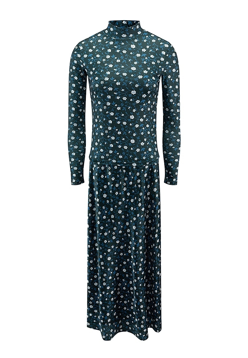 Dark Blue Ditsy Floral Mock Neck Long Sleeve Maxi Dress Vepeen Apparel 1