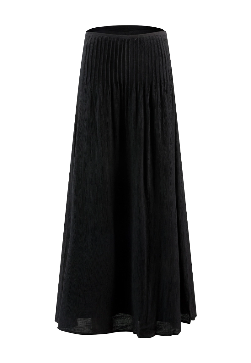 Black Textured High-Waisted Pleated Maxi Skirt Vepeen Apparel 1