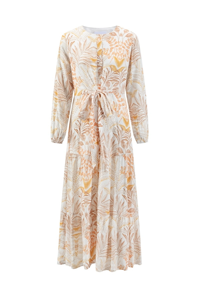 Bohemian Beige Leaf Print Long Sleeve Tiered Maxi Dress Vepeen Apparel 1