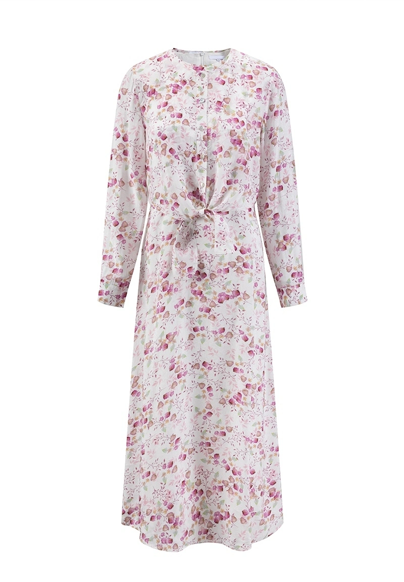 Romantic Floral Print Long Sleeve Waist-Twist Ankle-Length Dress Vepeen Apparel 1