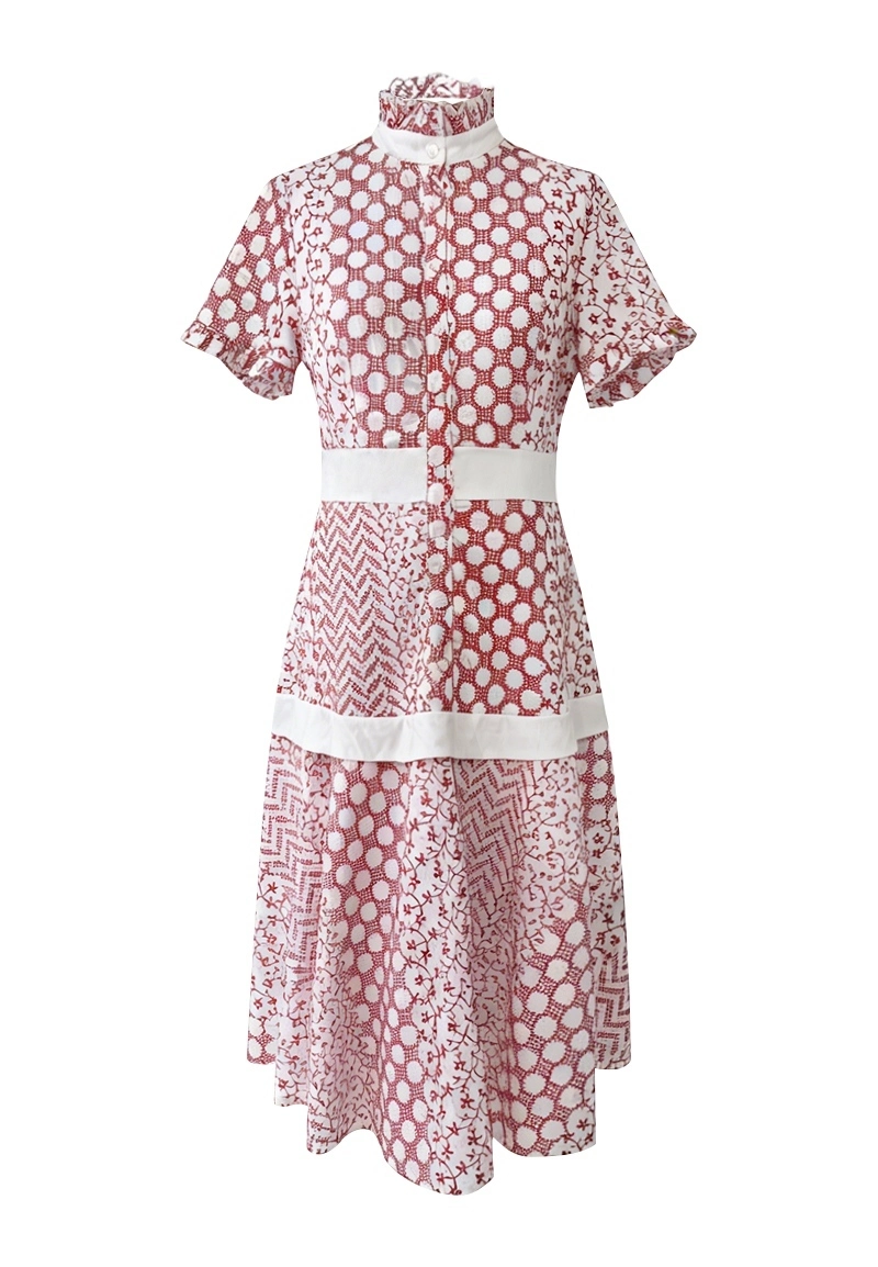 Women's Red & White Patchwork Print Dresses with Ruffled Collar Vepeen Apparel 1