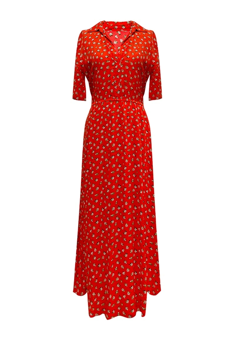 Summer Women Red Ditsy Floral Long Shirt Dress With Collar Vepeen Apparel 1