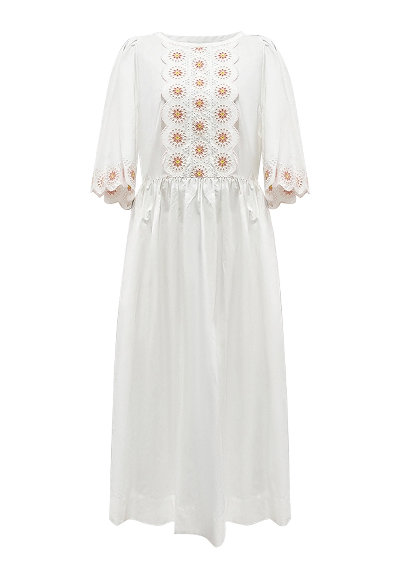 Casual Three Quarter Sleeve White Eyelet Embroidered Dress Vepeen Apparel 1