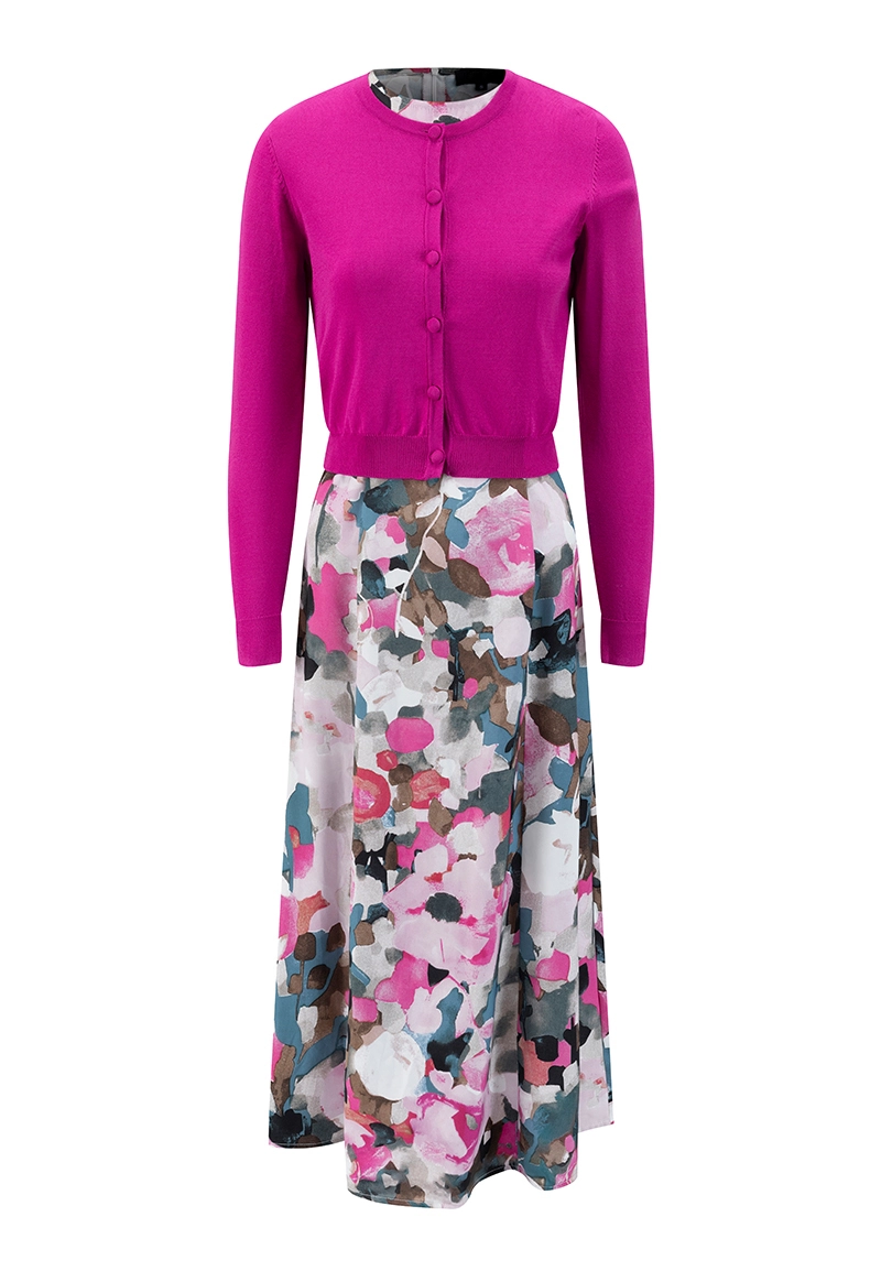 Pink Floral Print Round Collar Tie Waist Maxi Dress Vepeen Apparel 1