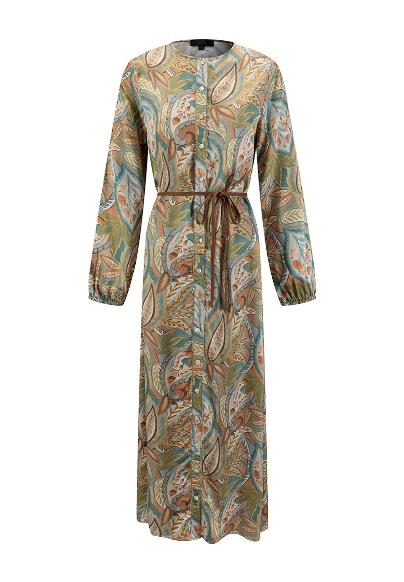 Olive Green Paisley Leaf Print Button-Front Dress With Belt Dress Vepeen Apparel 1