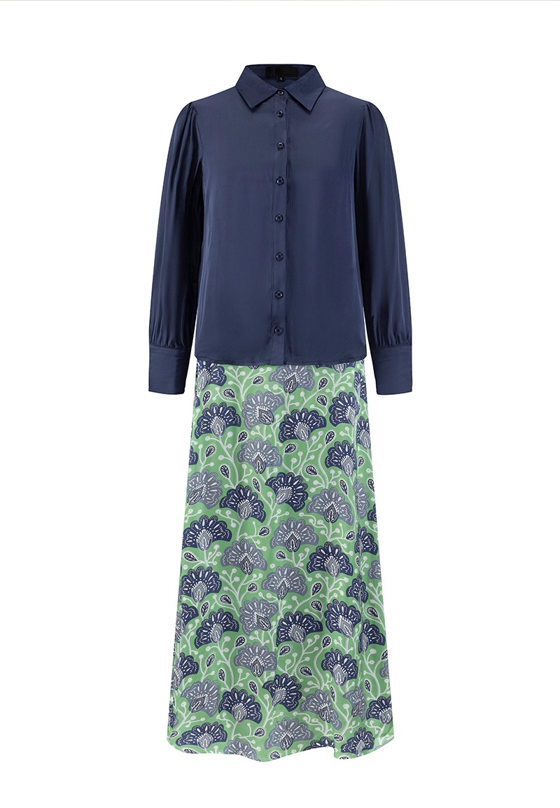 Customized Navy Shirt & Green Floral Print Two-Piece Dress Set  for ladies Vepeen Apparel 1
