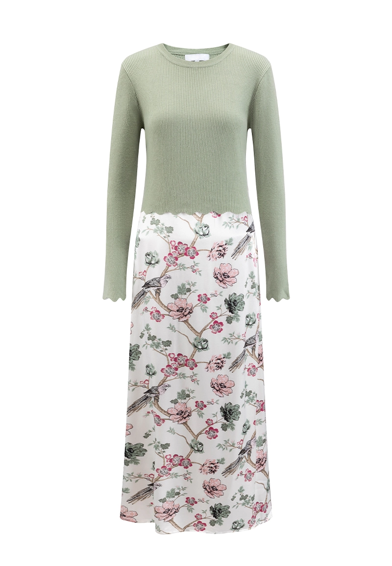 Women's Two-in-One Long Sleeve Ribbed Knit & Floral Print Midi Dress Vepeen Apparel 1