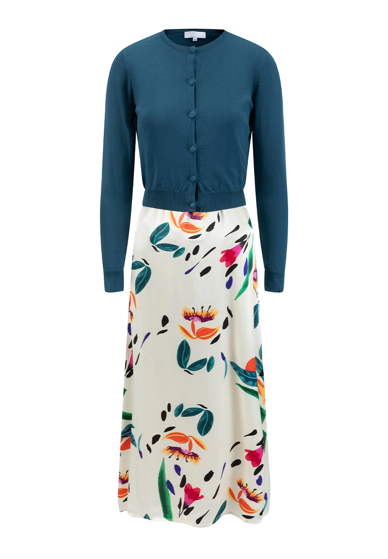 Women's Floral Print Satin Maxi Dress with Knit Cardigan Two Piece Set 1