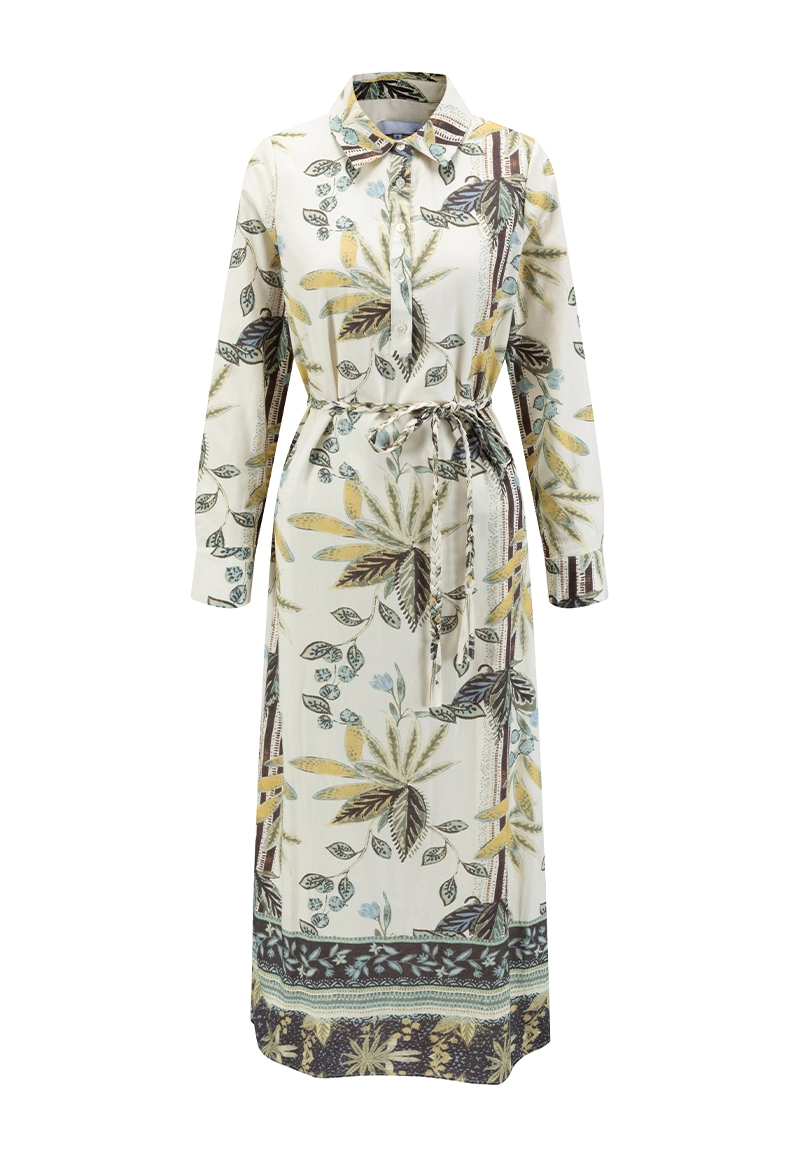 Abito camicia da donna a maniche lunghe con stampa tropicale e cintura in vita, lunghezza midi, casual, stile boho, Vepeen Apparel 1