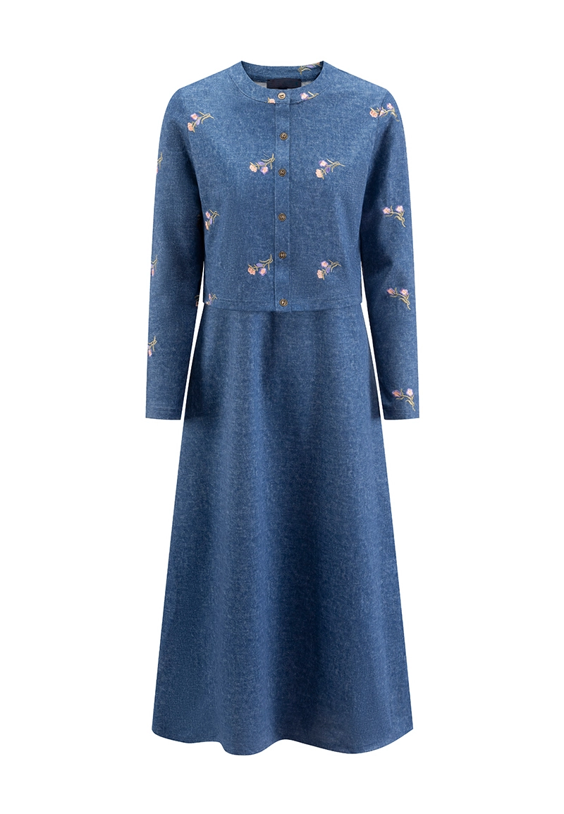 Abito midi da donna blu effetto denim con ricami floreali e abbottonatura frontale Vepeen Apparel 1