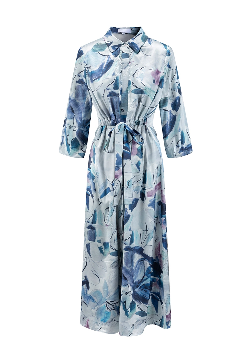 Elegante abito a camicia da donna con stampa - Abito lungo a maniche a 3/4 con cintura in vita 1