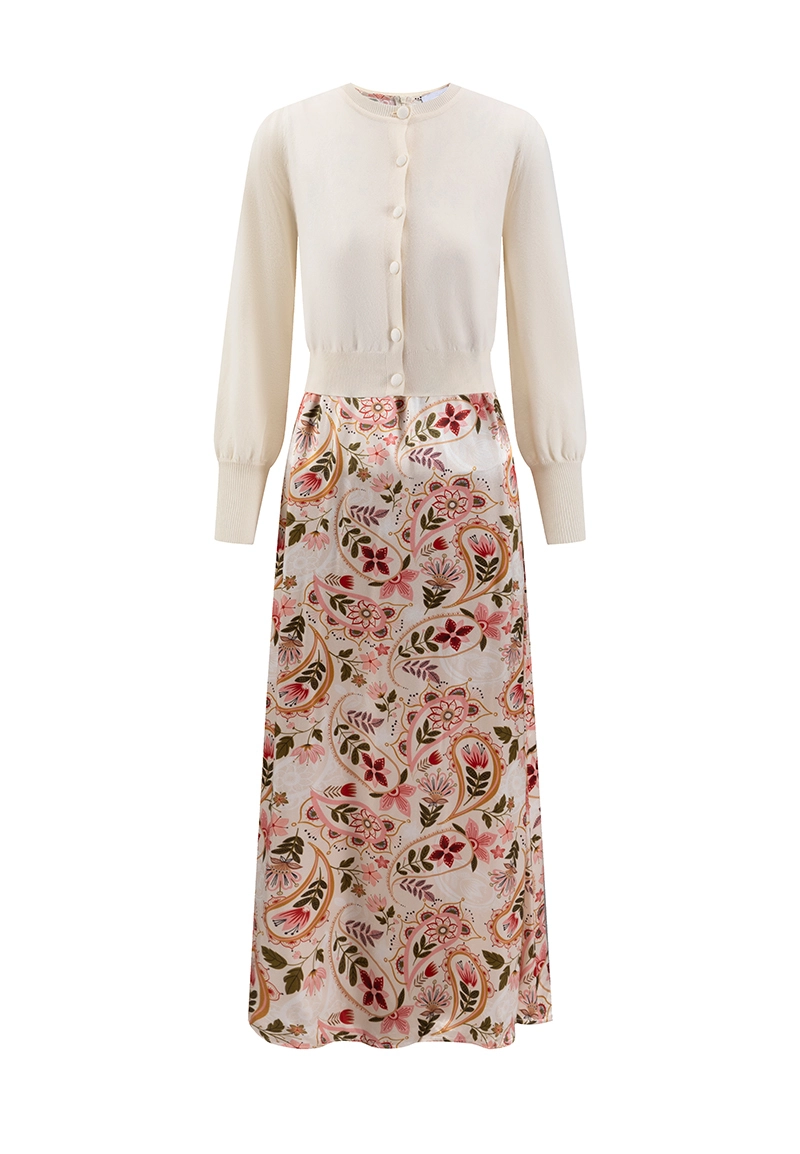 Women's Two-in-One Long Sleeve Ribbed Knit & Floral Print Midi Dress  Vepeen Apparel 1