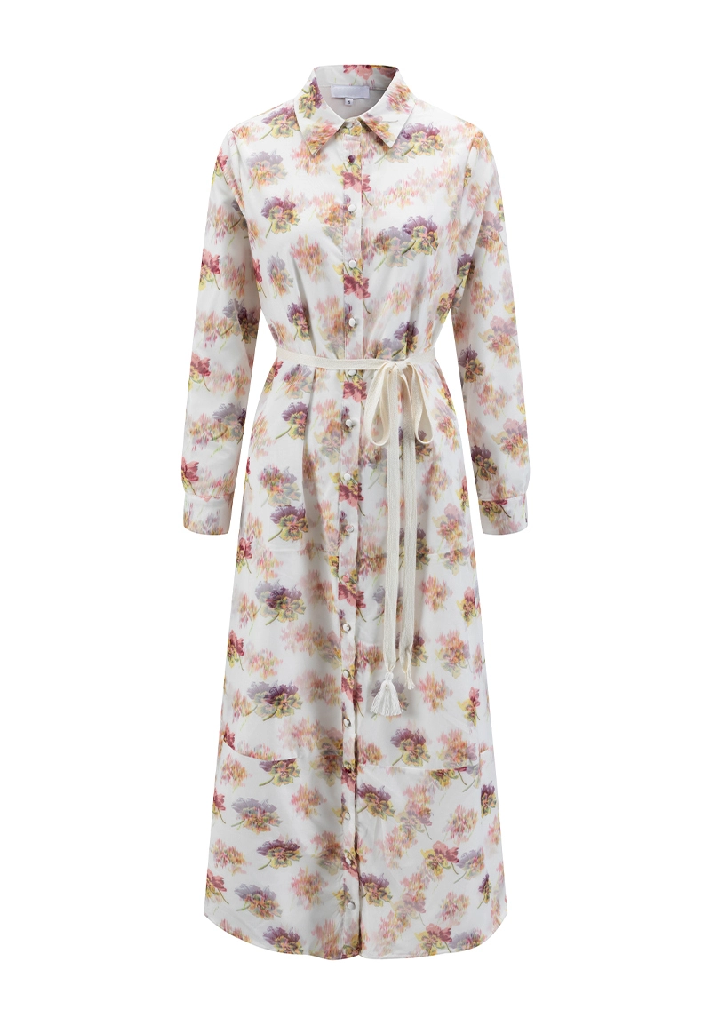 Women's Button-Down Long Sleeve Watercolor Floral Print Tiered Midi Dress Vepeen Apparel 1